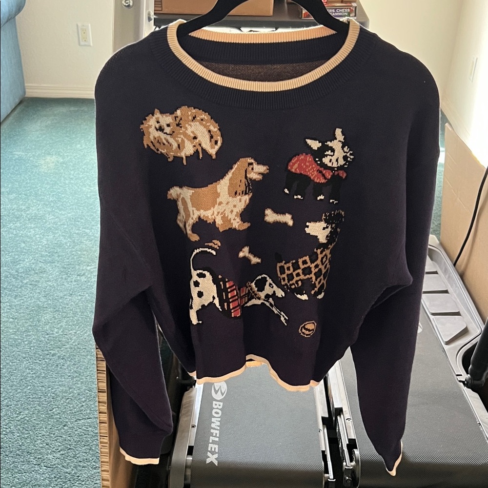 Cider blue cropped knit sweater w/ dogs (front) & beige trim in Small